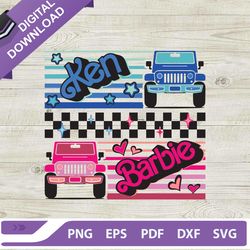 barbie and ken jeep car checkered svg, barbie girl svg, ken doll svg, barbie movie svg