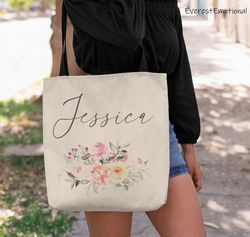 Custom Name and Flower Tote Bag. Best Gift For your Girl friend
