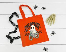 Cycopath Tote Bag Ghost Riding Bicycle Canvas Bag, Groovy Design Shoulder Bag, Groovy Ghost Bag, Spooky Ghost Design