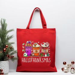 Hallothanksmas Tote Bag Christmas Bag, Christmas Canvas Bag, Thanksgiving Gift, Halloween Party, Kids Gift