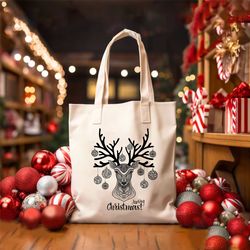 Reindeer Tote Bag Merry Christmas, Christmas Canvas Bag, Xmas Shoulder Bag, Xmas Party Bag, Xmas Festive Accessories