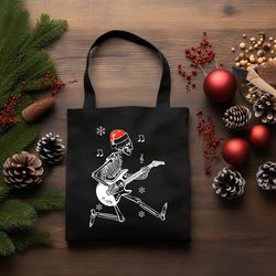 Skeleton Rockstar Tote Bag Christmas Humor, Dancing Skeleton, Christmas Vibes, Santa Claus Tote Bag, Music Lover Gift
