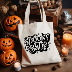 Spooky Babe Tote Bag Witchy Vibes Shoulder Bag, Girls Halloween Canvas Bag, Halloween Accessories, Creepy Season Gift