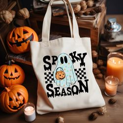 Spooky Season Tote Bag Cute Ghost Shoulder Bag, Blue Groovy Ghost Canvas Bag, Retro Vibes Halloween Accessories