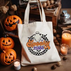 Vintage Spooky Vibes Tote Bag Groovy Ghost Design Halloween Shopper, Halloween Retro Shoulder Bag, Creepy Season Gift
