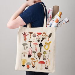 Mushroom Tote Bag Toadstools, Large Cotton Canvas Bag, Grocery Bag, Shoulder Bag, Shopping Bag, Eco Reusable Bag