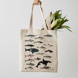 Tote Bag Canvas Tote Bag, Whale, Dolphin, Fair Trade, Cetacean, Whale Print, Whale Art, Weekender Bag, Shoulder Bag