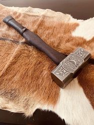 Handmade Forged Steel Viking Hammer Runic Nordic Engraved mjolnir w sheath
