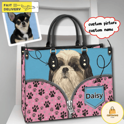 Dog Personalized Leather Handbag,Custom Picture DogCatPet Leather Bags,Custom Name HandBag