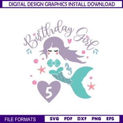 Mermaid 5th Birthday Girl Svg, Png, Jpg, Dxf, Birthday Mermaid Svg, Mermaid Birthday Shirt Design, Silhouette Cut File,