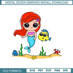 Cute Chibi Little Mermaid Ariel Flounder Fish SVG