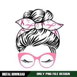 Pink Ribbon Breast Cancer Messy Bun Girl PNG