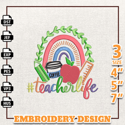 Retro Rainbow Teacher Life Embroidery Design, Back To School Embroidery Design, Best Teacher Embroidery File, School Emb