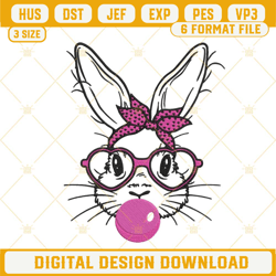 Bunny With Bandana Glasses Bubblegum Embroidery Designs, Cute Easter Embroidery Files