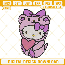 Hello Kitty Bear With Heart Pink Embroidery Design, Sanrio Kitty Cat Embroidery File