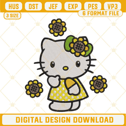 Hello Kitty Sunflower Embroidery Designs, Kawaii Kitty Cat Flower Embroidery Pattern Files