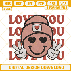 Love You Smiley Face Embroidery Designs, Retro Valentines Smile Face Embroidery Files
