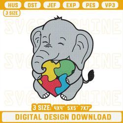 Autism Elephant Embroidery Design, Elephant Heart Puzzle Embroidery Files.jpg