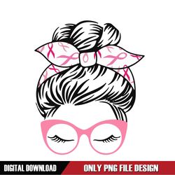 Pink Ribbon Breast Cancer Messy Bun Girl PNG