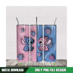 3D Inflated Pink Blue Stitch Angel Tumbler Wrap PNG