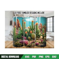Cactus Colorful Flowers 20oz Skinny Tumbler Wrap, Cactus Tumbler PNG, Straight Seamless Graphics Tumbler Wrap PNG, Insta