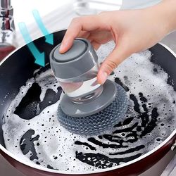 2 In 1 Portable Kitchen Cleaning Brush Automatic Adding Soap Dispensing Scrubber Easy Washing Dishes Sponge Cleaner Hand