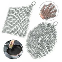 Stainless Steel Cast Iron Cleaner Chain Mail Scrubber Cookware Kitchen Cleaning