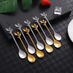 6PCS Creative Personality Stainless Steel Gold Spoons Tree Leaf Spoon Coffee Spoon Tea Spoon Home Restaurant Dessert Cut