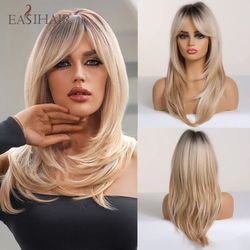 EASIHAIR Dark Brown Black Synthetic Wigs with Bangs Medium Straight Layered Natural Hairs for Women Daily Cosplay Heat R