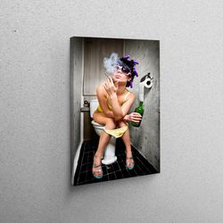 3D Wall Art, Living Room Wall Art, Canvas Gift, Smoking Woman In Toilet, Nude Artwork, Fashion Girl Wall Art, Erotic Wal
