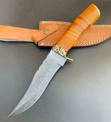 Custom Handmade Damascus Steel Hunting Bowie Knife With Wood Handle,