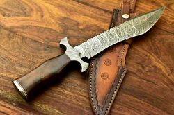 Custom Handmade Damascus Steel Bowie Knife Sheath Natural Rose Wood Handle,