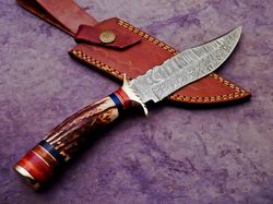Beautifull Custom Handmade Forged Damascus Blade Camping Hunting Knife Stag Horn,
