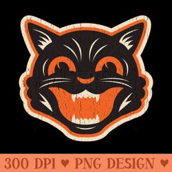 Vintage Halloween Black Cat - Distressed - PNG File Download