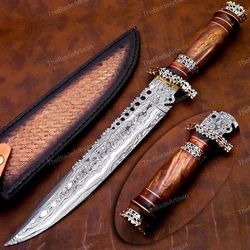 damascus hunting knife, custom damascus knife, hand forged, damascus steel knife, brass guard spacer.