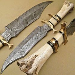 damascus steel hunting knife with camle bone handle, gift for him, outdoor knife gift
