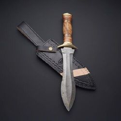 Custom Handmade Damascus Hunting Dagger Knife with Leather Sheath