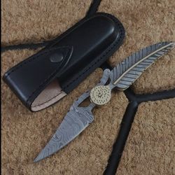 Custom Handmade Damascus Steel Hunting Pocket Folding Knife with Leather Sheath