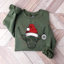 Cute Cow Christmas Sweatshirt, Christmas Highland Cow Sweatshirt, Farm Christmas Sweatshirt, Holiday Sweater, Womens Hol
