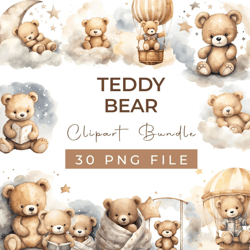 watercolor teddy bear clipart bundle baby shower for a boy commercial use transparent pngs blue aeroplane balloons