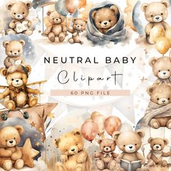 Clipart Gender Neutral Baby Shower Cute Teddy Bear Instant Download Watercolour Graphics Bundle Commercial Use Transpare