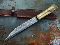 Custom Handmade Damascus Steel Hunting Seax knife with Leather Sheath