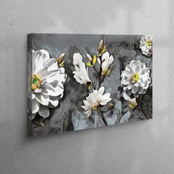 3D Wall Art, Canvas Gift, Wall Decor, Floral Wall Art, Botanical Printed, Oil Painting Print, White Flowers Art Canvas,