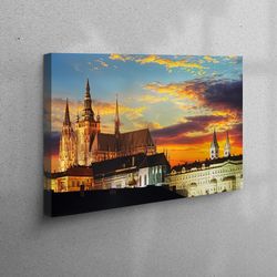 3D Wall Art, Wall Decor, Living Room Wall Art, Prague Travel Canvas Gift, Sunset Landscape Canvas Gift, Prague Castle Wa