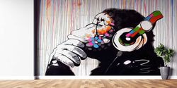 banksy thinking monkey, dj monkey wall canvas, monkey wall print, thinking monkey wall canvas, music wall paper, street