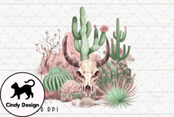 Cow Skull Vintage Desert Cactus PNG Design 04
