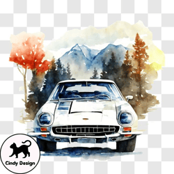 Watercolor Painting of Vintage Car in Forest PNG Design 162