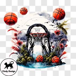 Basketball Hoop in Water with Flying Basketball PNG Design 101