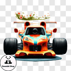 Orange Race Car with Flower Design PNG Design 184