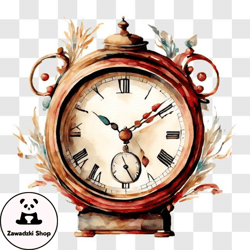 Vintage Flower Decorated Clock on Black Background PNG Design 167